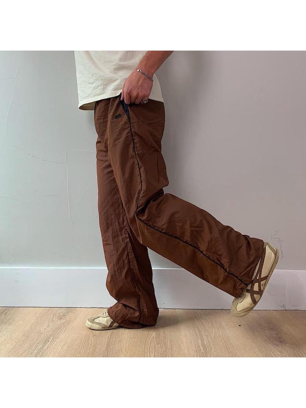 Y2k 2000s baggy loose lightweight striped Brown and Black windbreaker pants - Picture 3 of 8